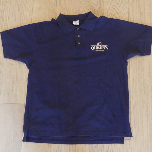 Queen's University Vintage Logo Patch Navy Blue Large Polo Shirt - Picture 1 of 4